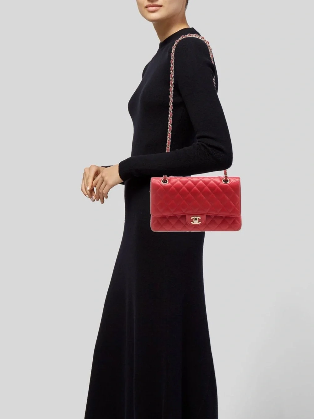 CHANEL Classic Medium Double Flap Should Bag Gold Hardware Red Orange